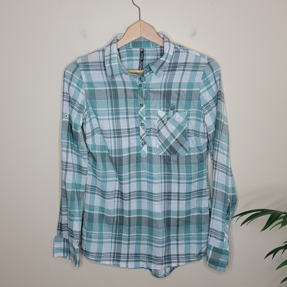 Kuhl Spektra Green Gray White Plaid Popover Shirt Size XS